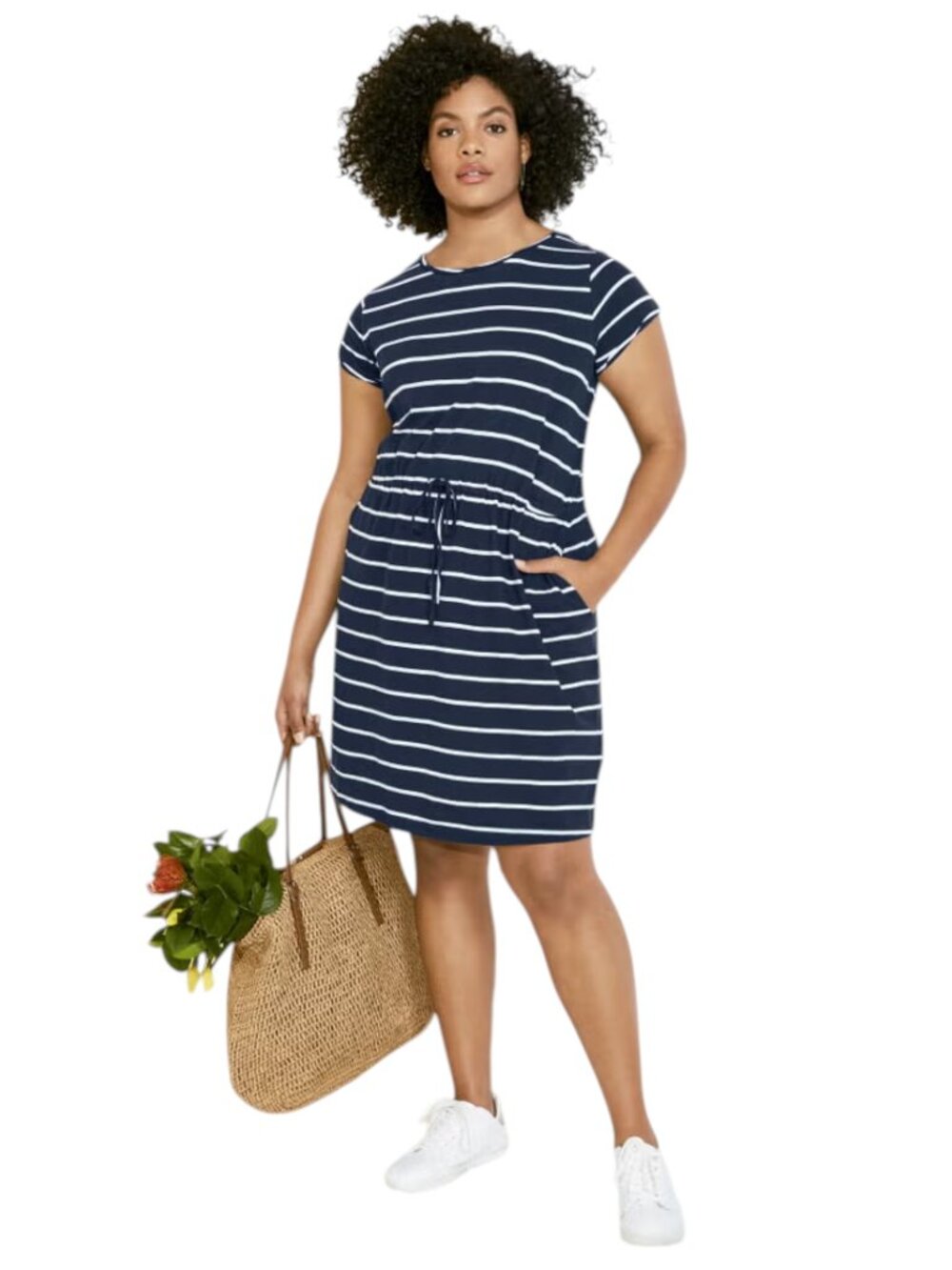 ellos NWOT 100% Navy/White Striped Cotton Cinched-Waist Drawstring Dress - 2X